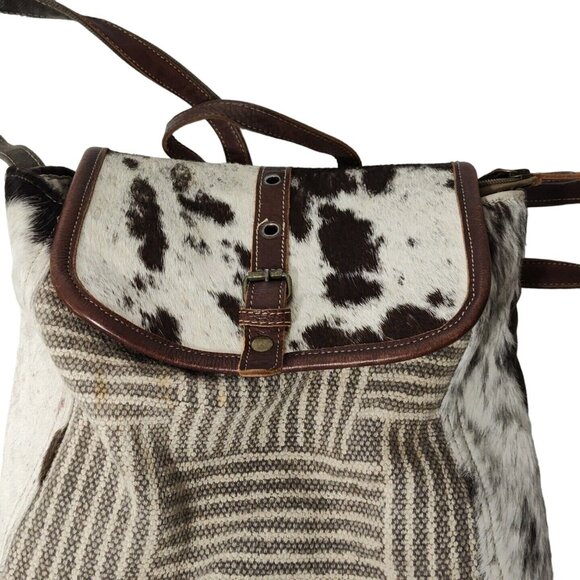 Myra Bag Brown Canvas Flap Messenger Backpack Cow Print Western Woven - Picture 2 of 16